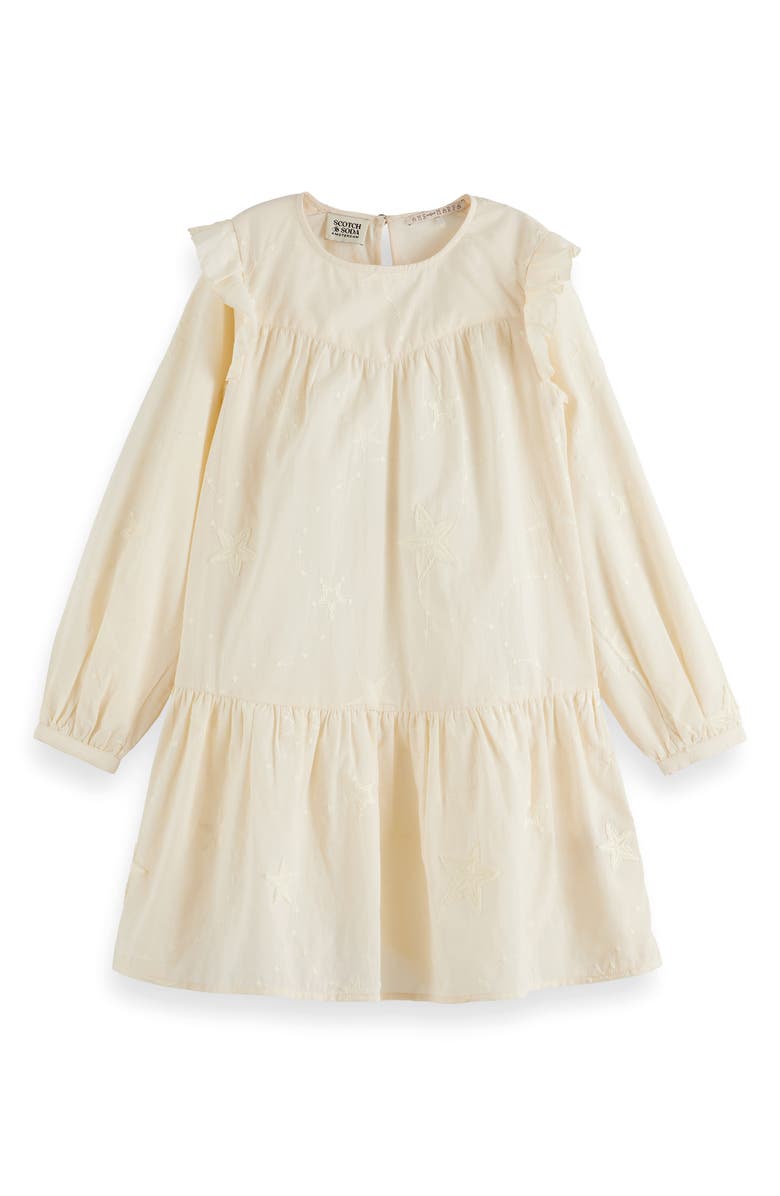 Scotch & Soda Kids' Embroidered Star Long Sleeve Cotton Tiered Dress, Main, color, Eggnog