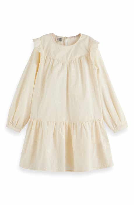 Kids' Embroidered Star Long Sleeve Cotton Tiered Dress