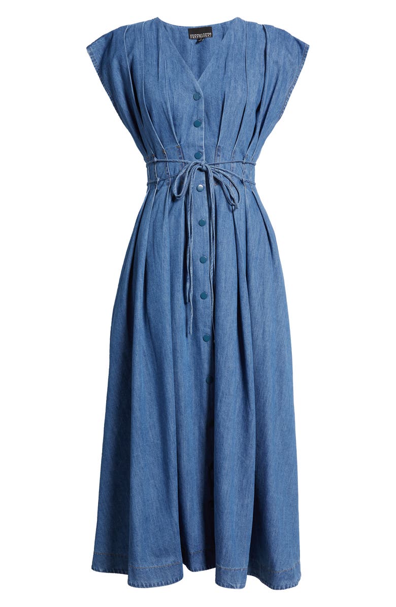 FREEMARKET Pleat Denim Midi Shirtdress, Alternate, color, Indigo