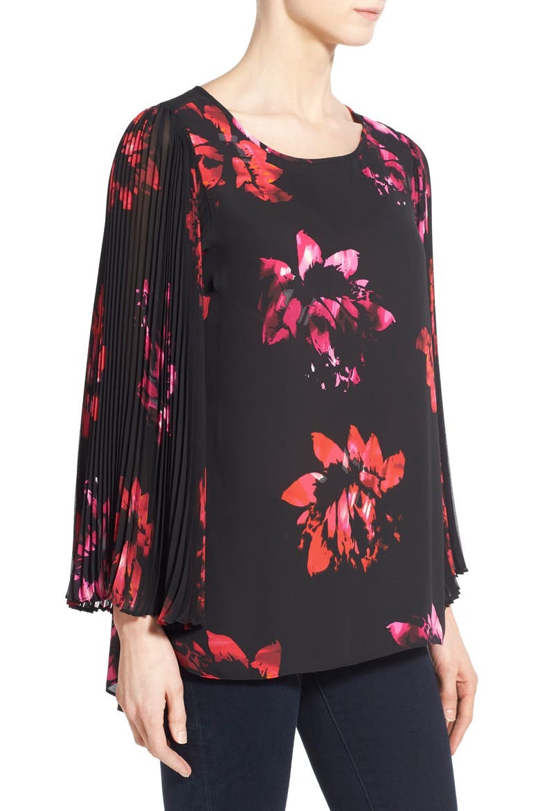 Pleat Sleeve High/Low Floral Blouse, Alternate, color, RICH BLACK