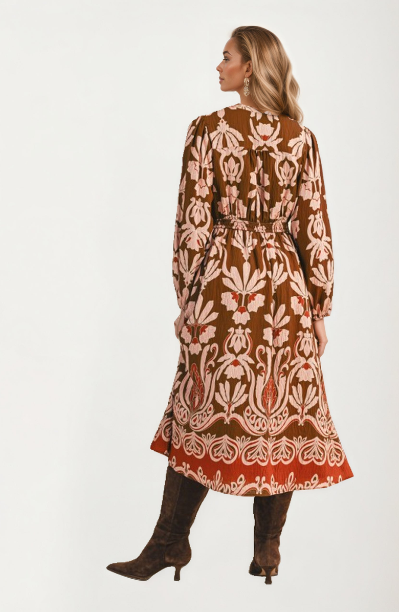 Knit and Lounge Long Sleeve Midi Dress with Tie Neck and Flowing Silhouette, Alternate, color, Brown