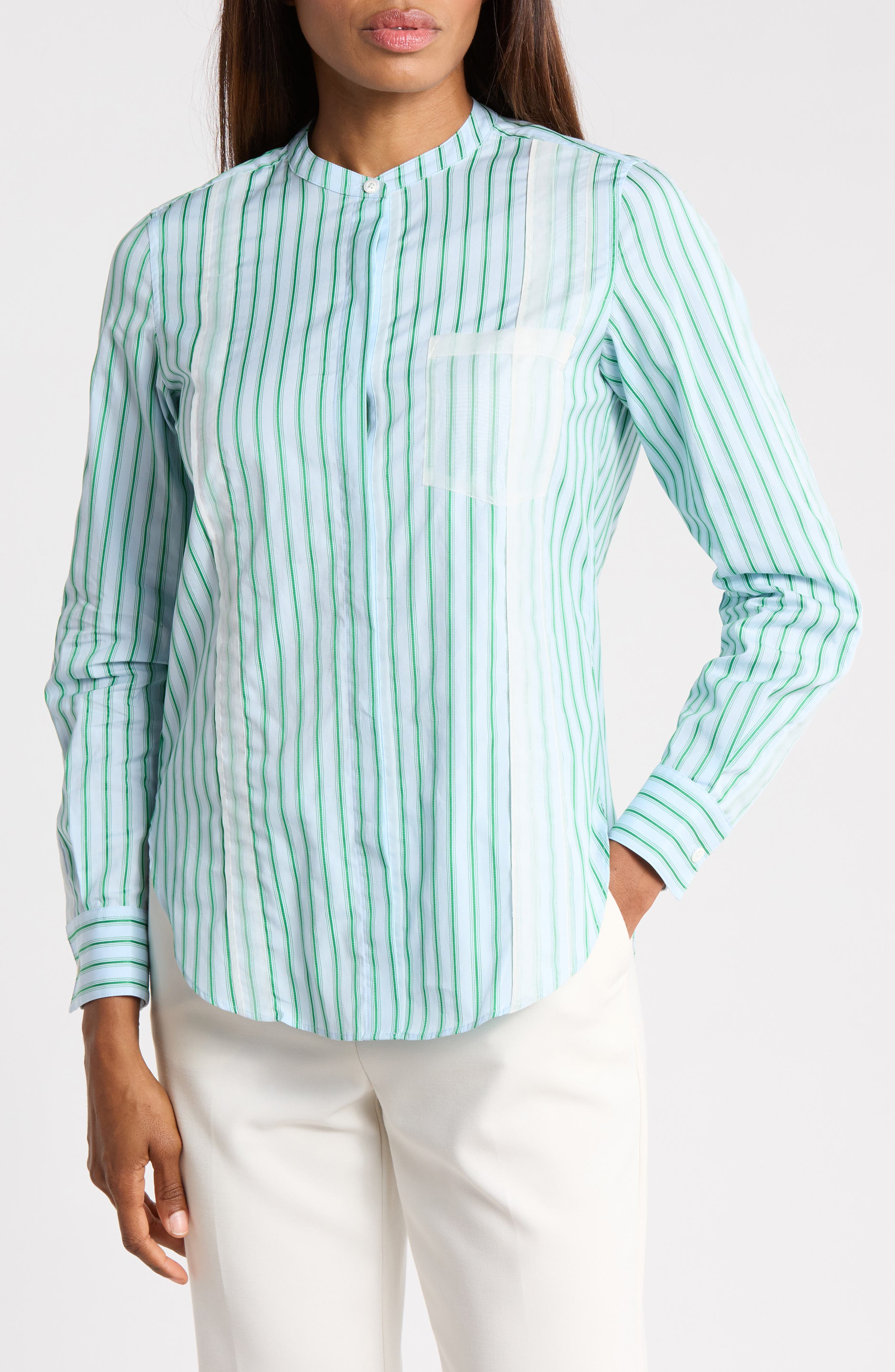 Striped Cotton Band Collar Shirt