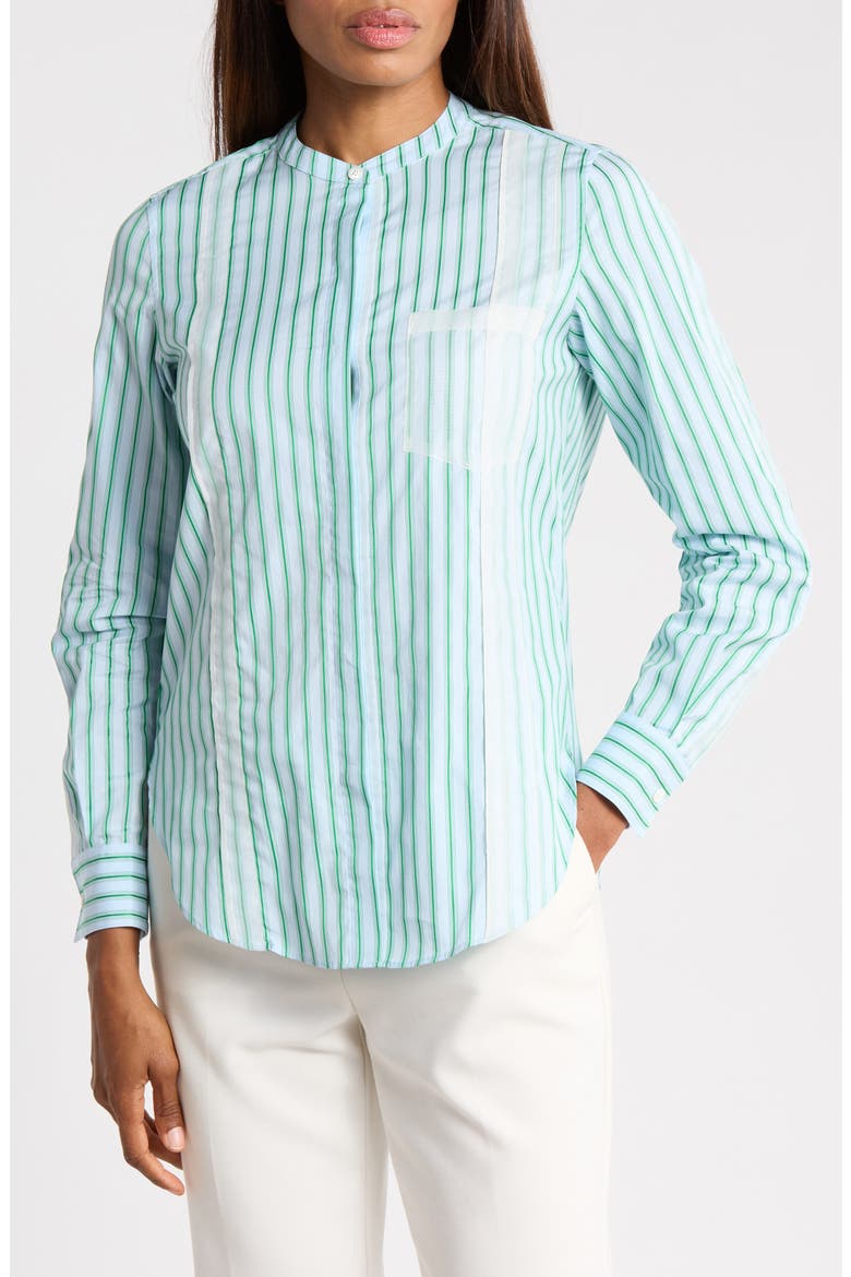 Striped Cotton Band Collar Shirt, Main, color, ICE BLUE-GREEN STRIPE
