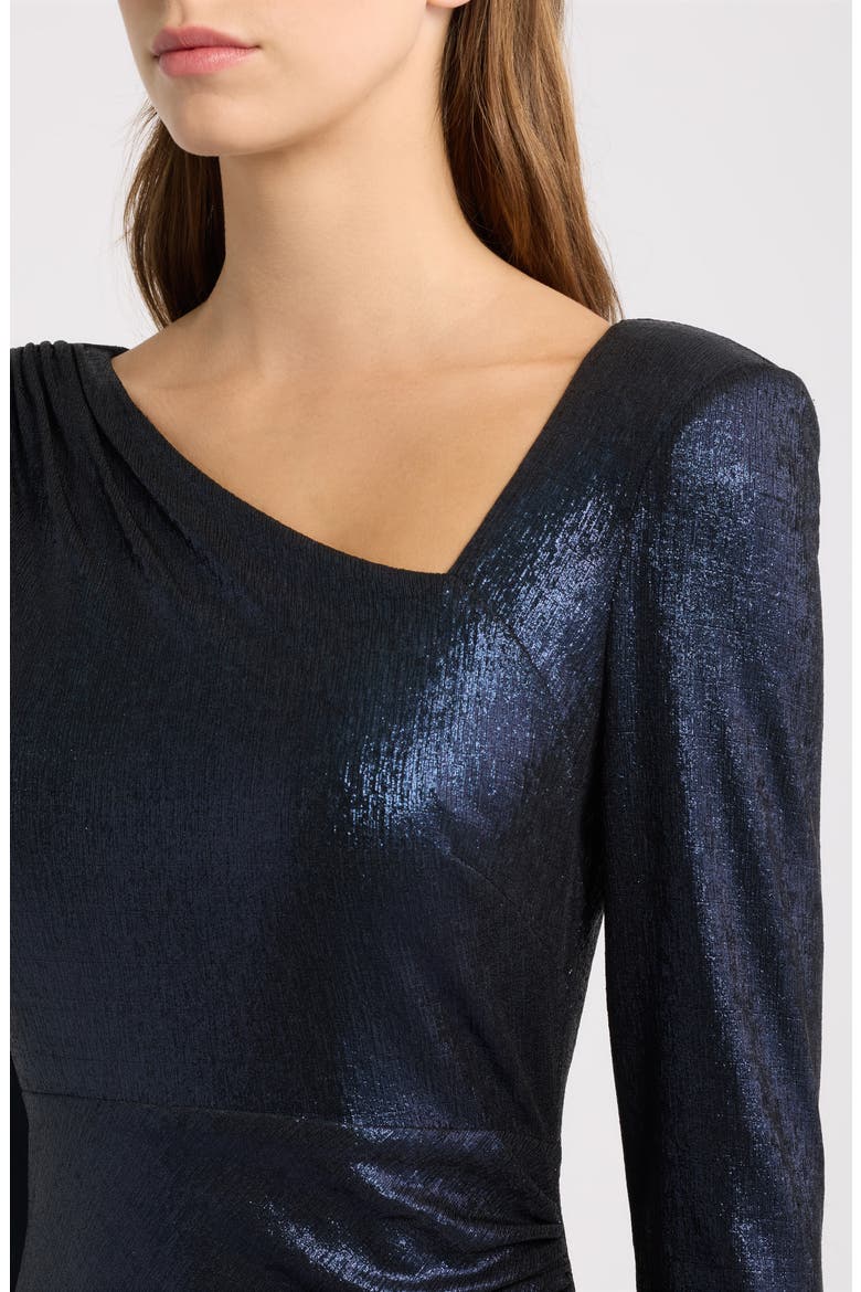 Ruched Metallic Long Sleeve Gown, Alternate, color, NAVY