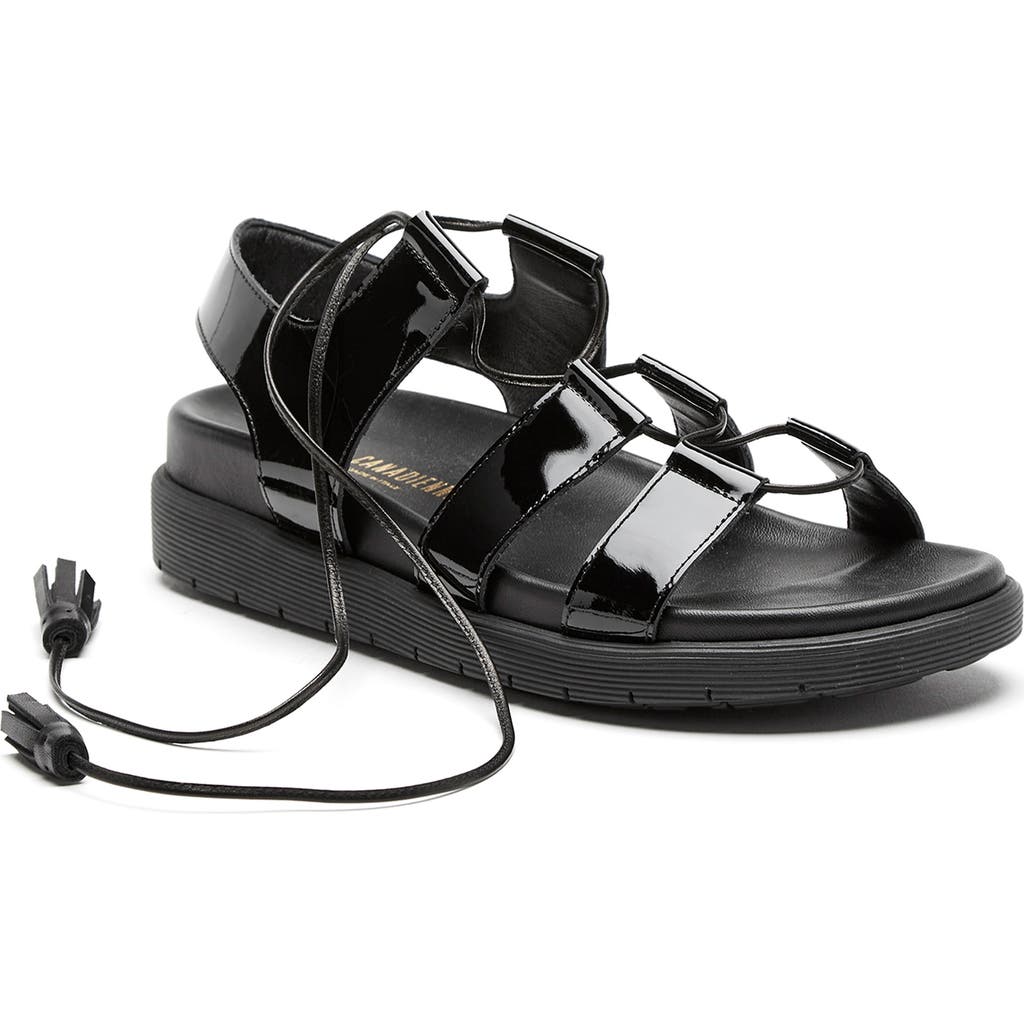 La Canadienne Rambler Ankle Wrap Platform Sandal In Black Patent