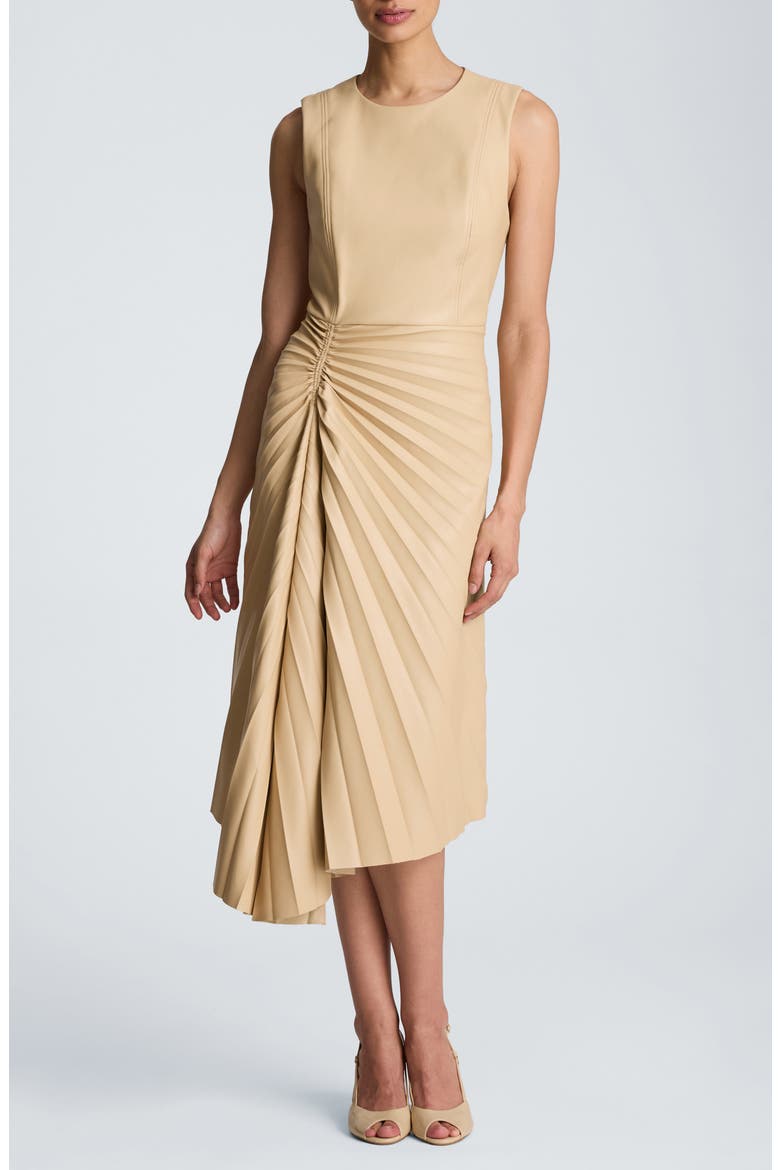 Sunburst Pleat Faux Leather Sleeveless Dress, Main, color, BISCOTTI