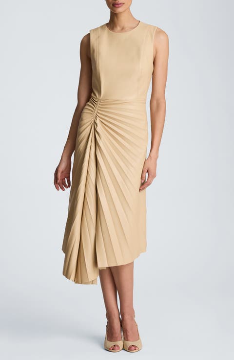 Sunburst Pleat Faux Leather Sleeveless Dress