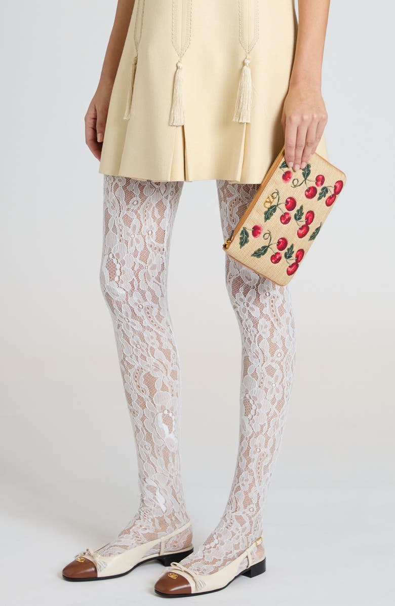 Valentino Garavani Medium VLOGO Cherry Jacquard Raffia Clutch, Alternate, color, R9f Natural/ Multi/ Camel