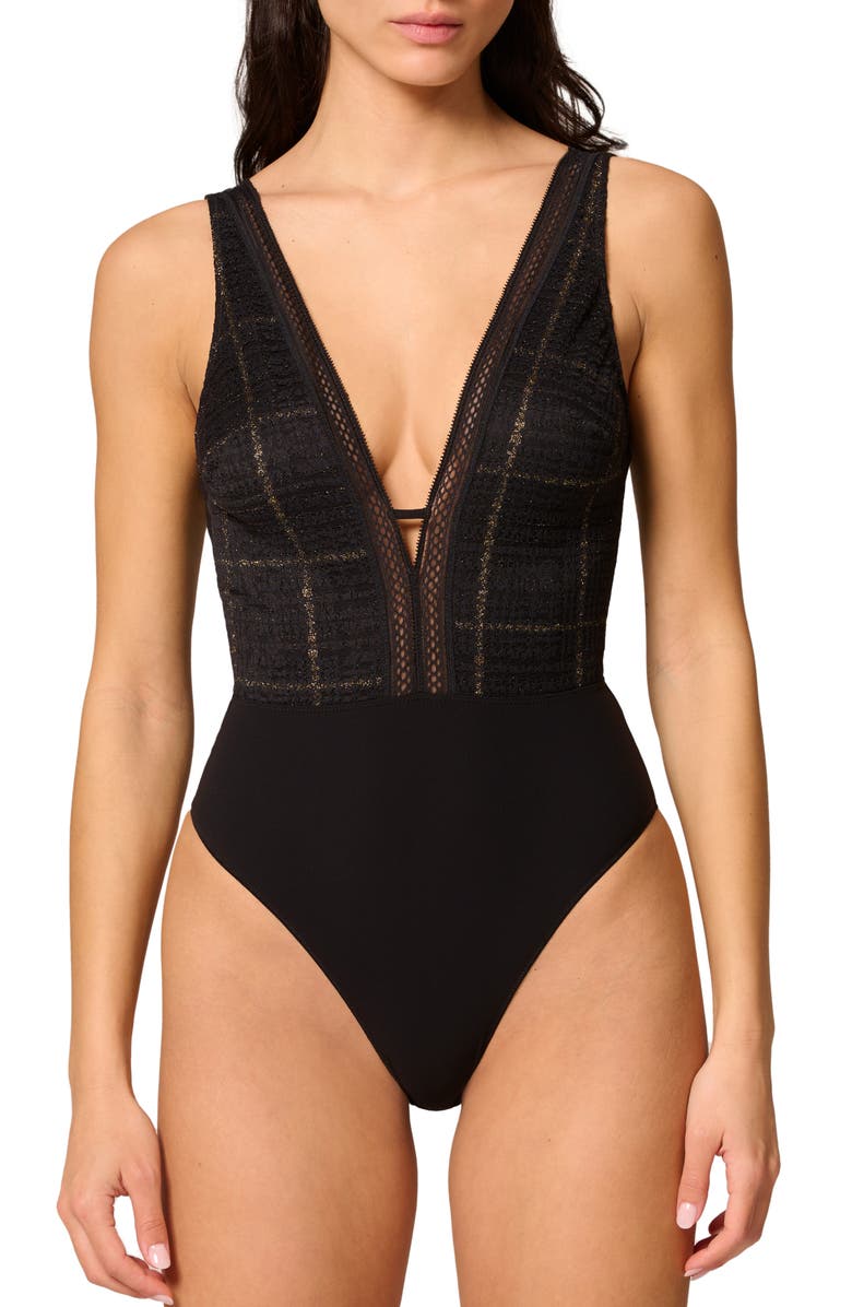 Simone Perele Plunge Lace Trim Bodysuit, Main, color, Black