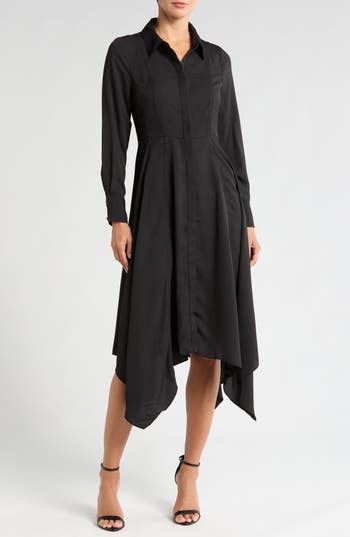 Halogen ® Sharkbite Hem Long Sleeve Button-up Maxi Shirtdress In Rich Black