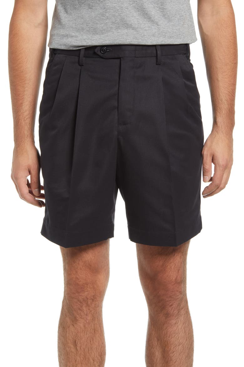 Microfiber Self Sizer Pleated Shorts, Main, color, BLACK