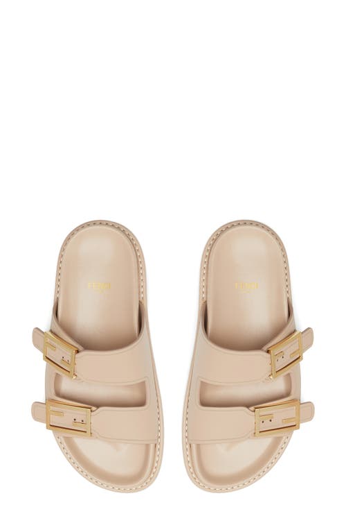 Fendi F Buckle Leather Slide Sandals In Buff