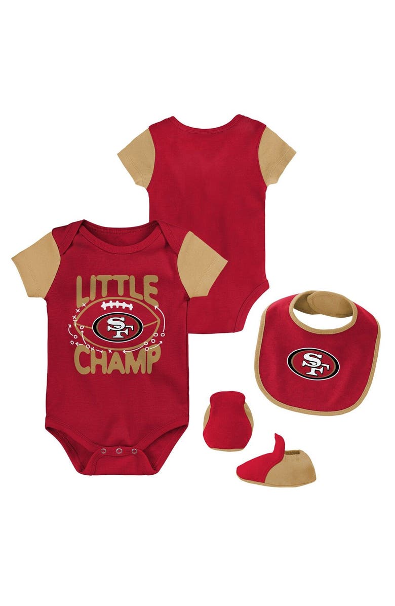 Outerstuff Newborn & Infant Scarlet/Gold San Francisco 49ers Little Champ Three-Piece Bodysuit Bib & Booties Set, Main, color,