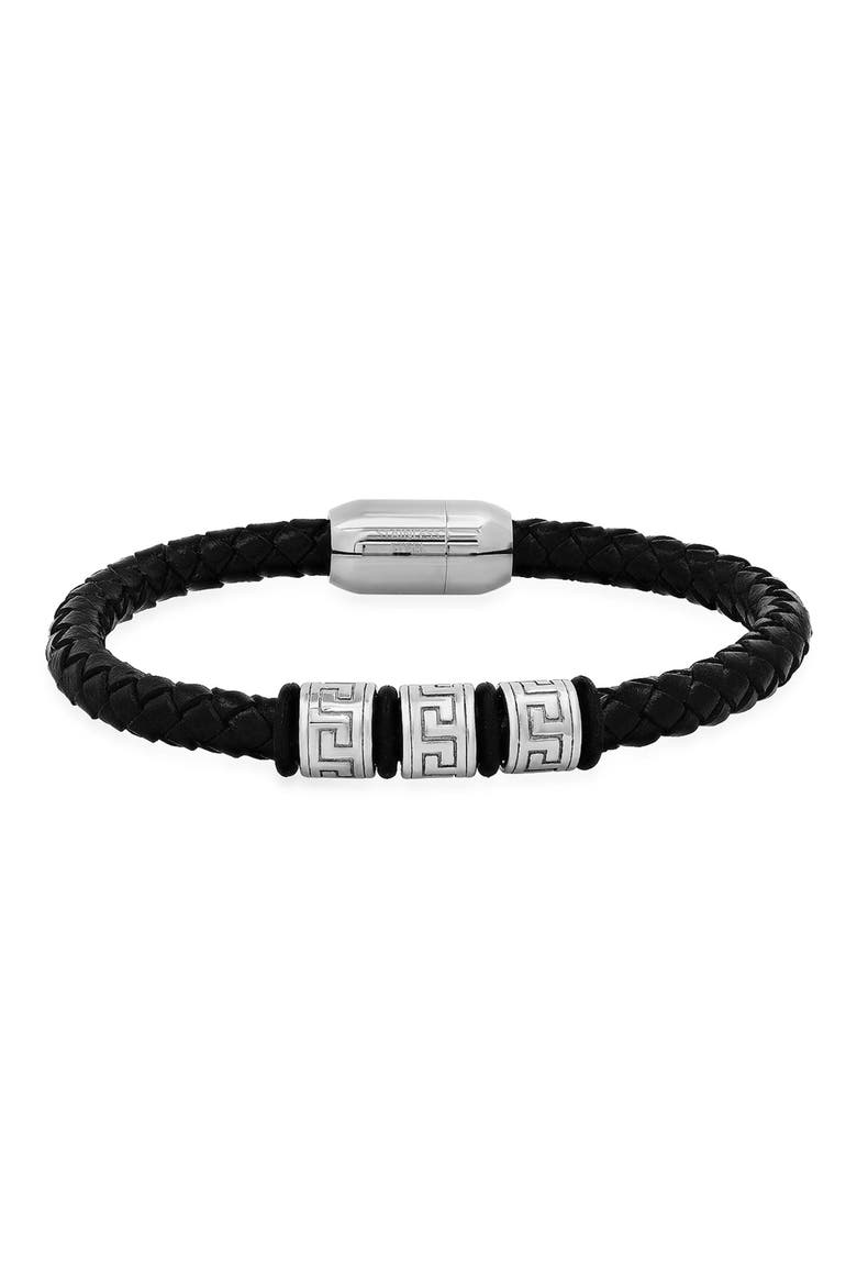 Men's Braided Leather and Stainless Steel Bracelet, Main, color, BLACK