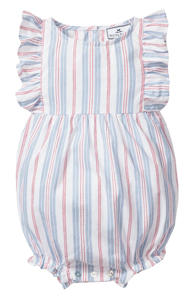 Petite Plume French Stripe Ruffle Trim Cotton Blend One-Piece Pajamas, Main, color, 