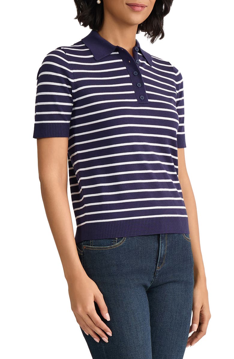 Jones New York Stripe Short Sleeve Polo, Alternate, color, Pacific Navy / Natural White