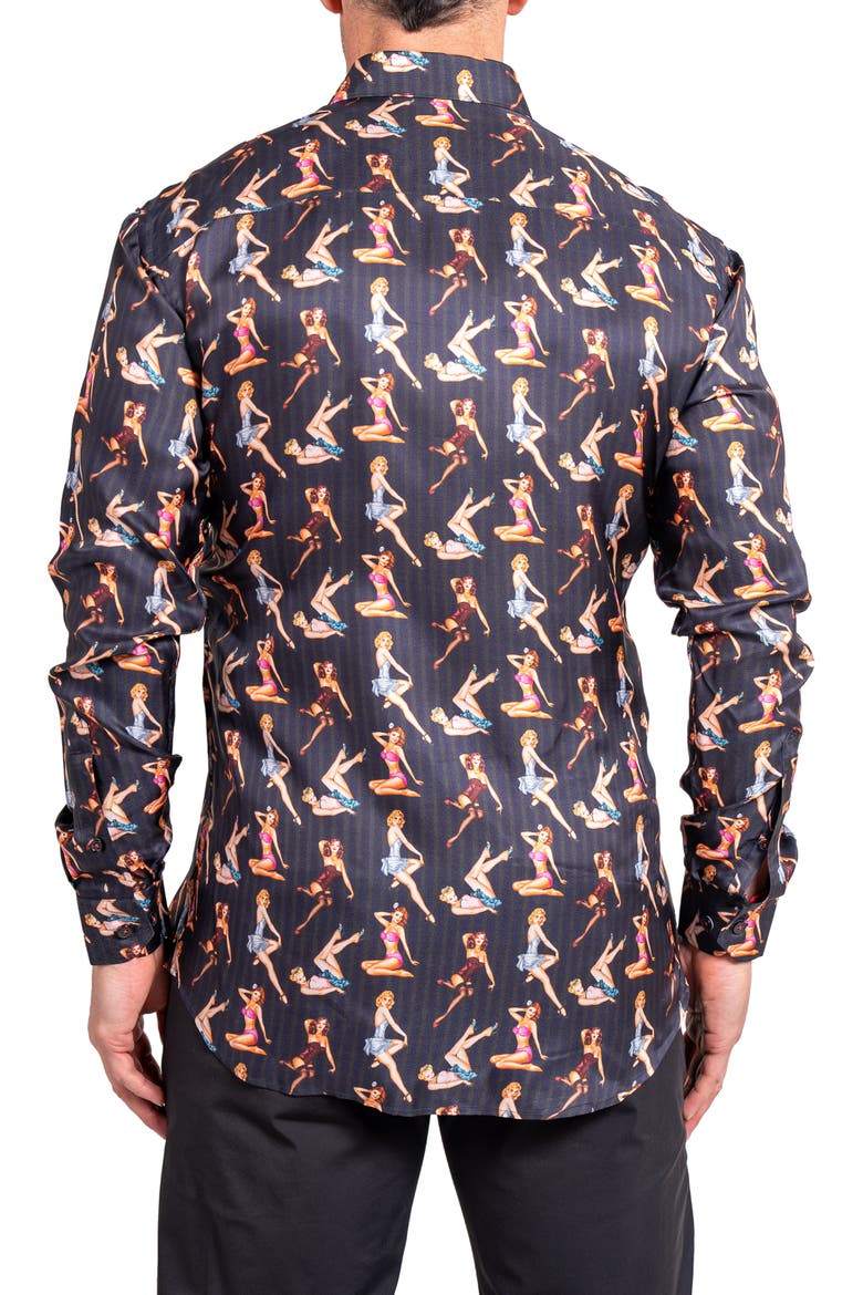 Fibonacci Ascension 0221 Pin-Up Print Contemporary Fit Button-Up Shirt, Alternate, color, BLACK