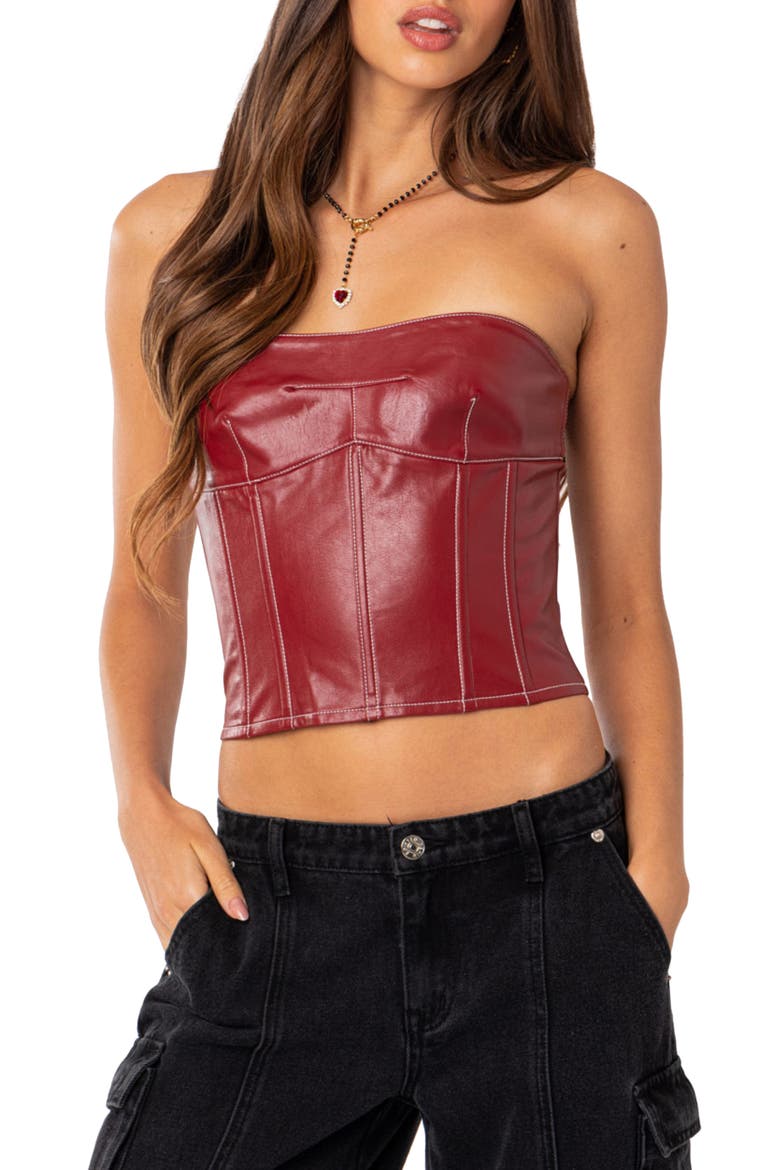 Moss Lace-Up Strapless Faux Leather Corset Top, Main, color, BURGUNDY