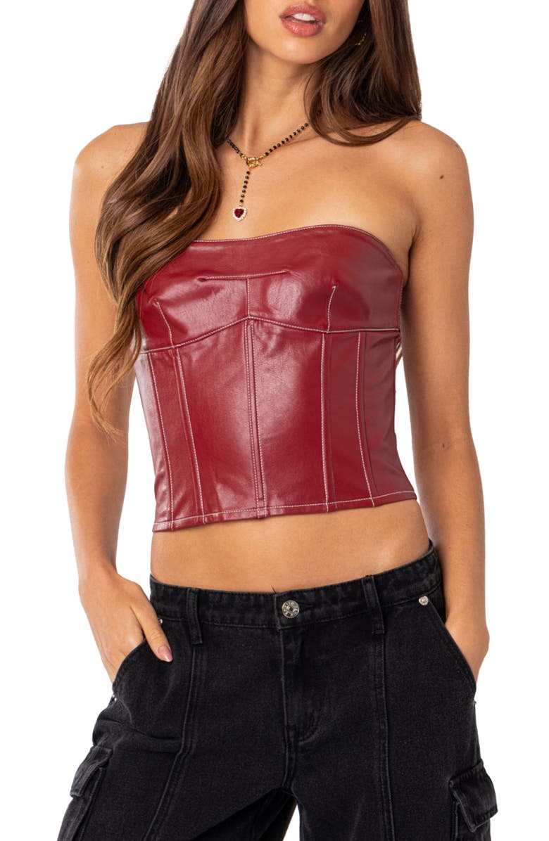 EDIKTED Moss Lace-Up Strapless Faux Leather Corset Top, Main, color, Burgundy
