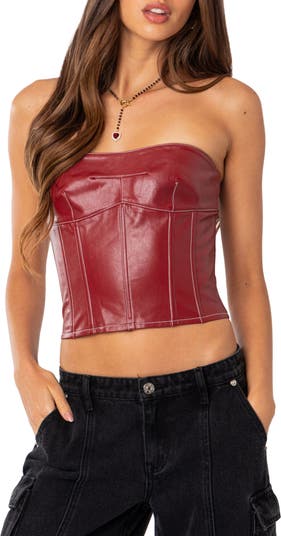 Moss Lace-Up Strapless Faux Leather Corset Top