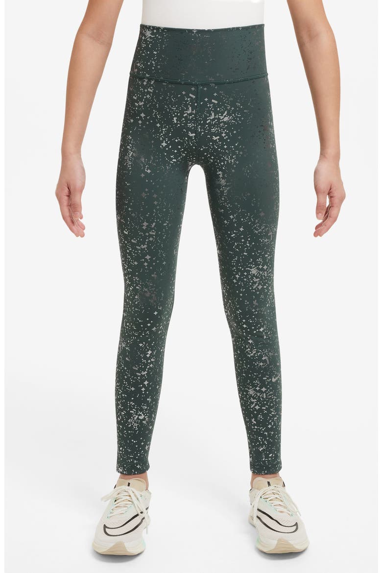 Kids' One Dri-FIT Leggings, Main, color, VINTAGE GREEN/ METALLIC SILVER