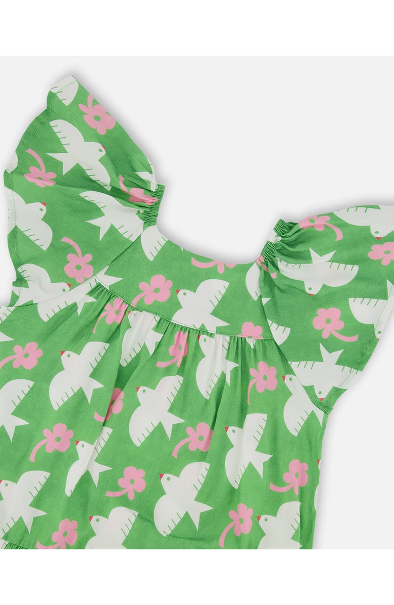 Deux par Deux Girl's Printed Dress With Flounce Sleeves Green With White And Pink Bird, Alternate, color, Green With White And Pink Bird
