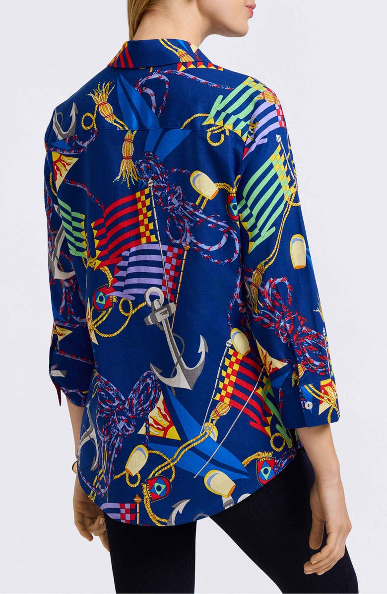 Foxcroft Zoey Nautical Three Quarter Sleeve Linen Blend Button-Up Shirt, Alternate, color, 