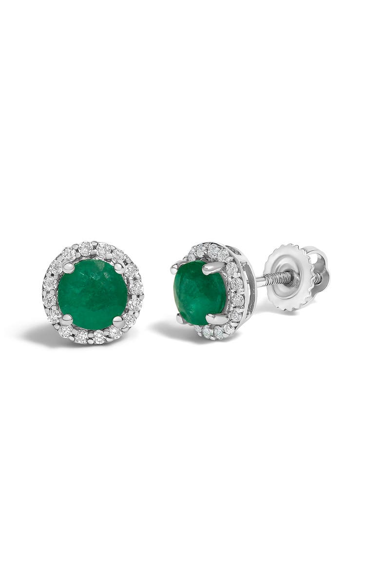 Haus of Brilliance 10K Gold Gemstone and 1/6 Cttw Diamond Halo Stud Earring, Alternate, color, White | Green Emerald