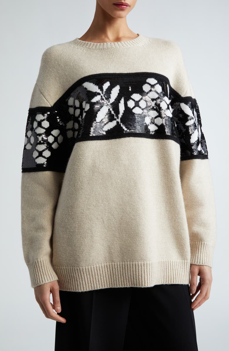 Max Mara Floral Jacquard Oversize Wool & Cashmere Crewneck Sweater, Main, color, 
