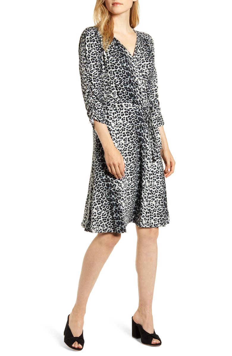 Loveappella Leopard Print Wrap Front Dress, Main, color, 