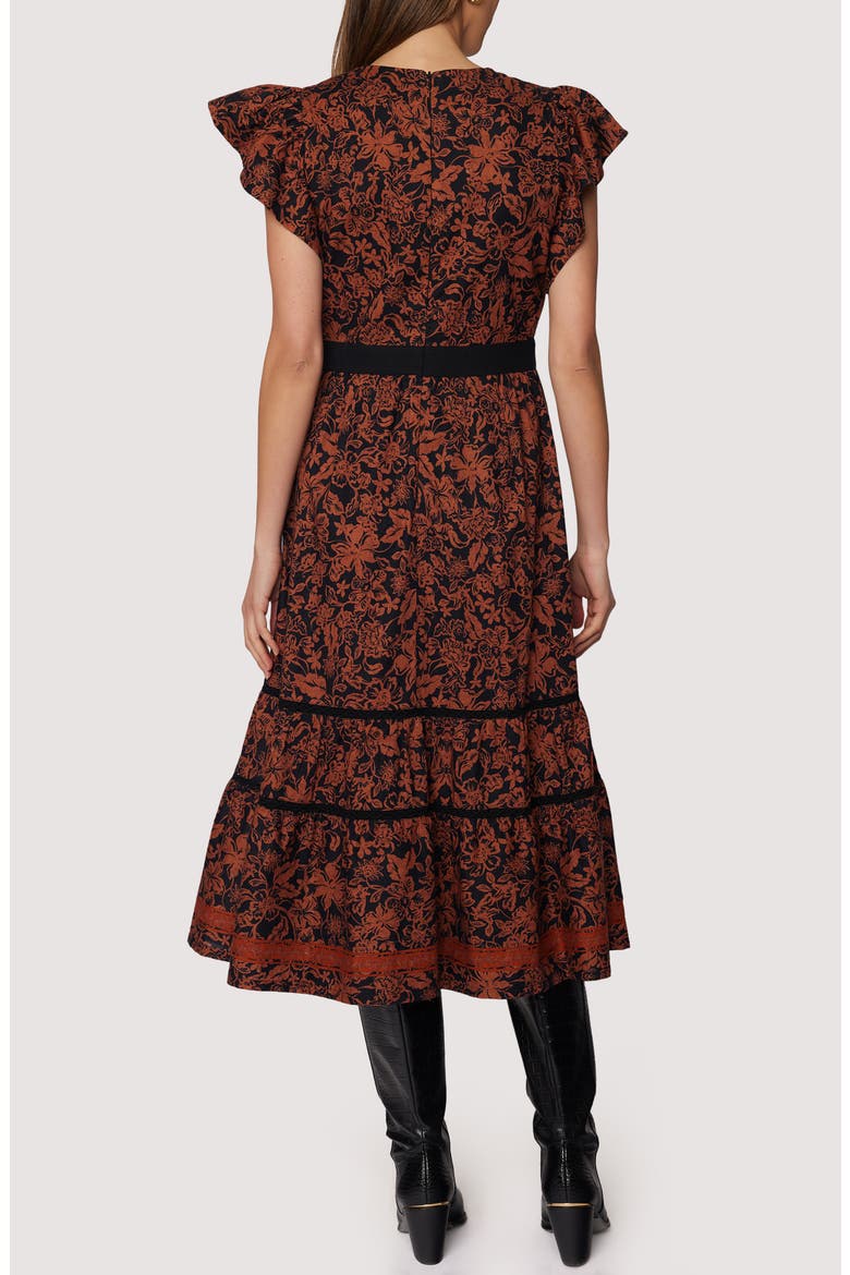 Lady of Siena Floral Cap Sleeve Cotton Midi Dress, Alternate, color, BROWN-FLORAL