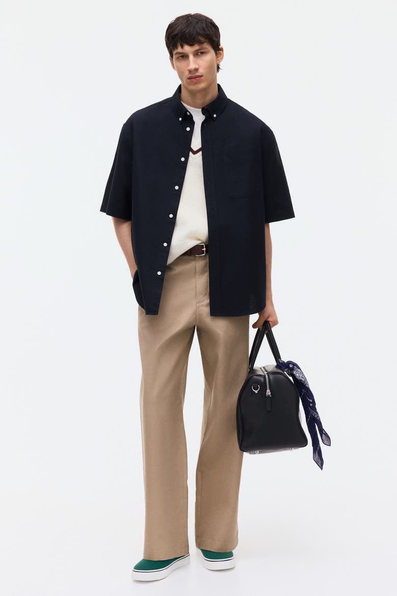 Relaxed Fit Short-sleeved Oxford Shirt, Main, color, Black