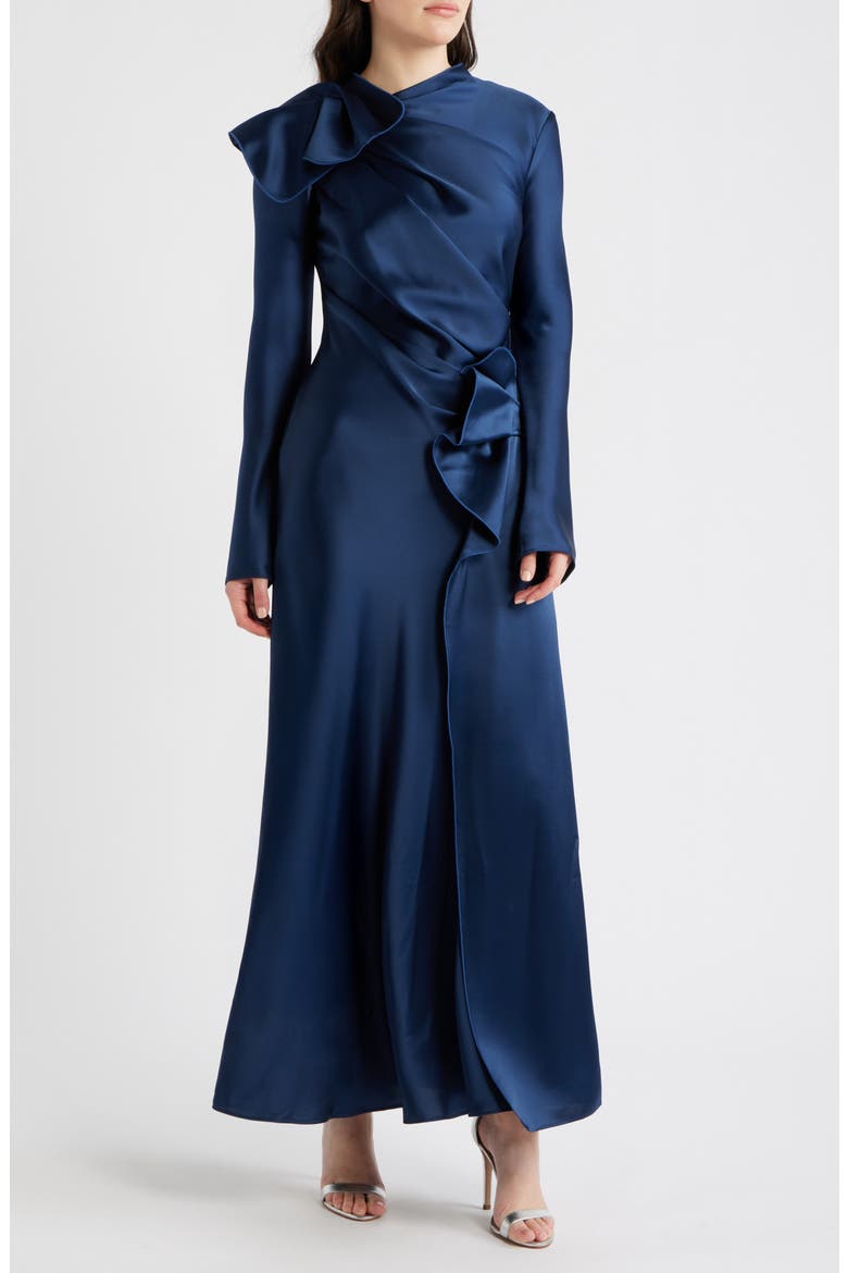 Ramwark Long Sleeve Satin Gown, Main, color, SAPPHIRE