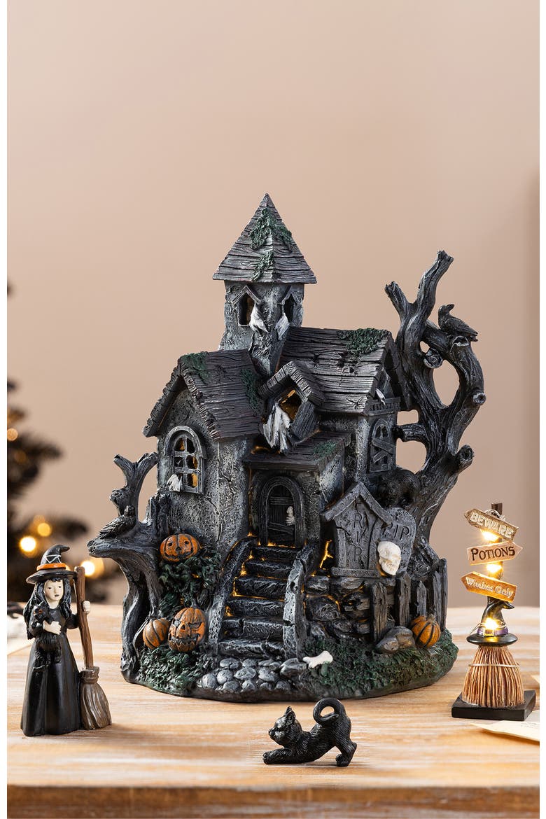 Set of 4 Halloween Lighted Resin Haunted House with Timer, Alternate, color, Black