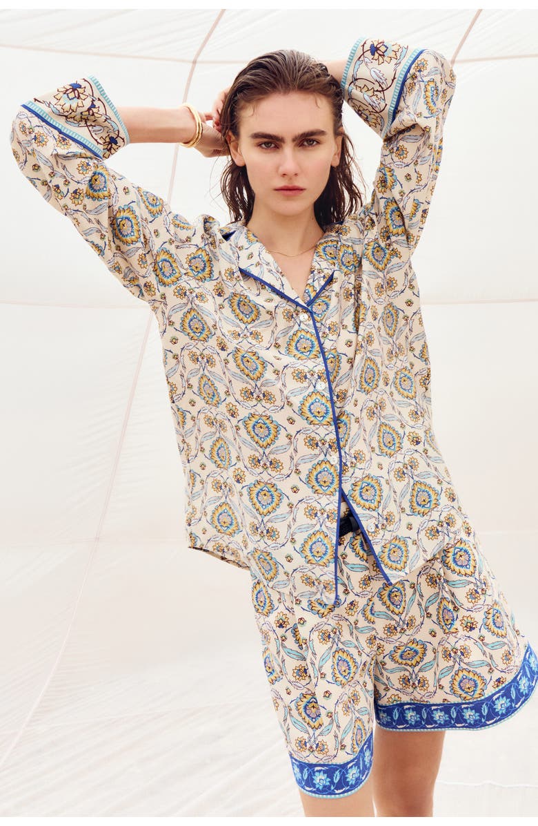 H&M Belted Linen-blend Shorts, Alternate, color, Light Beige/Patterned