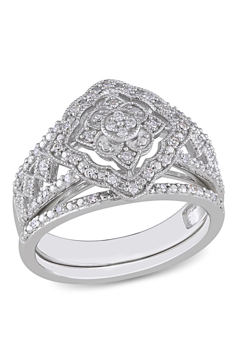 Julianna B. Diamond Halo Vintage Bridal Ring Set, Main, color, Sterling Silver