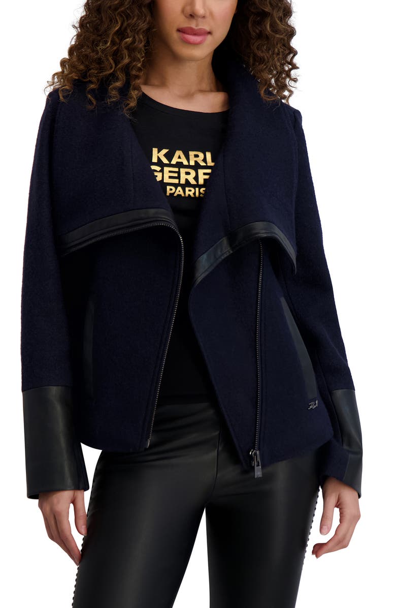 KARL LAGERFELD PARIS Wool Blend & Faux Leather Asymmetric Jacket, Main, color, Navy