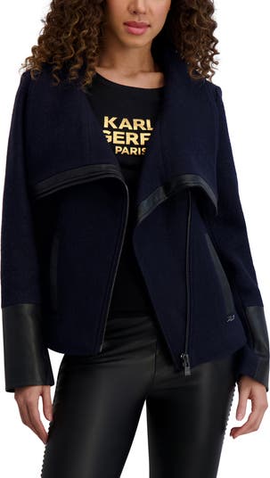 KARL LAGERFELD PARIS Wool Blend & Faux Leather Asymmetric Jacket | Nordstrom