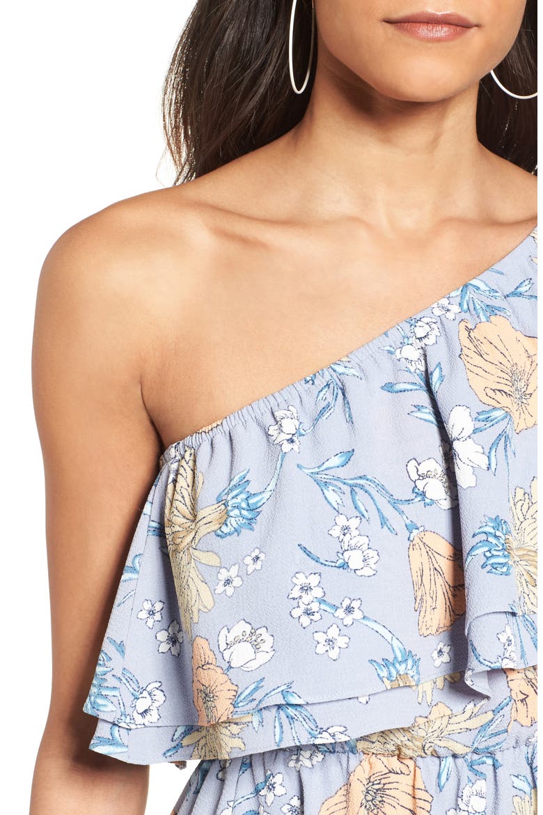 Ruffle One-Shoulder Dress, Alternate, color, LIGHT BLUE CORAL FLORAL
