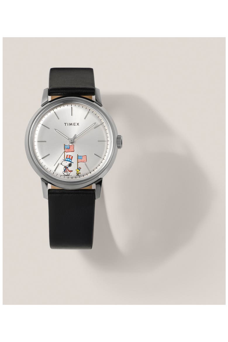 Peanuts® x Timex Marlin® Automatic Americana 40mm Leather Strap Watch, Alternate, color, SILVER-TONE