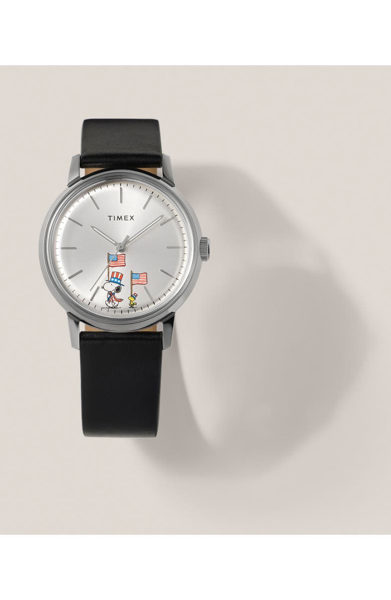 Timex<sup>®</sup> Peanuts<sup>®</sup> x Timex Marlin<sup>®</sup> Automatic Americana 40mm Leather Strap Watch, Alternate, color, Silver-Tone