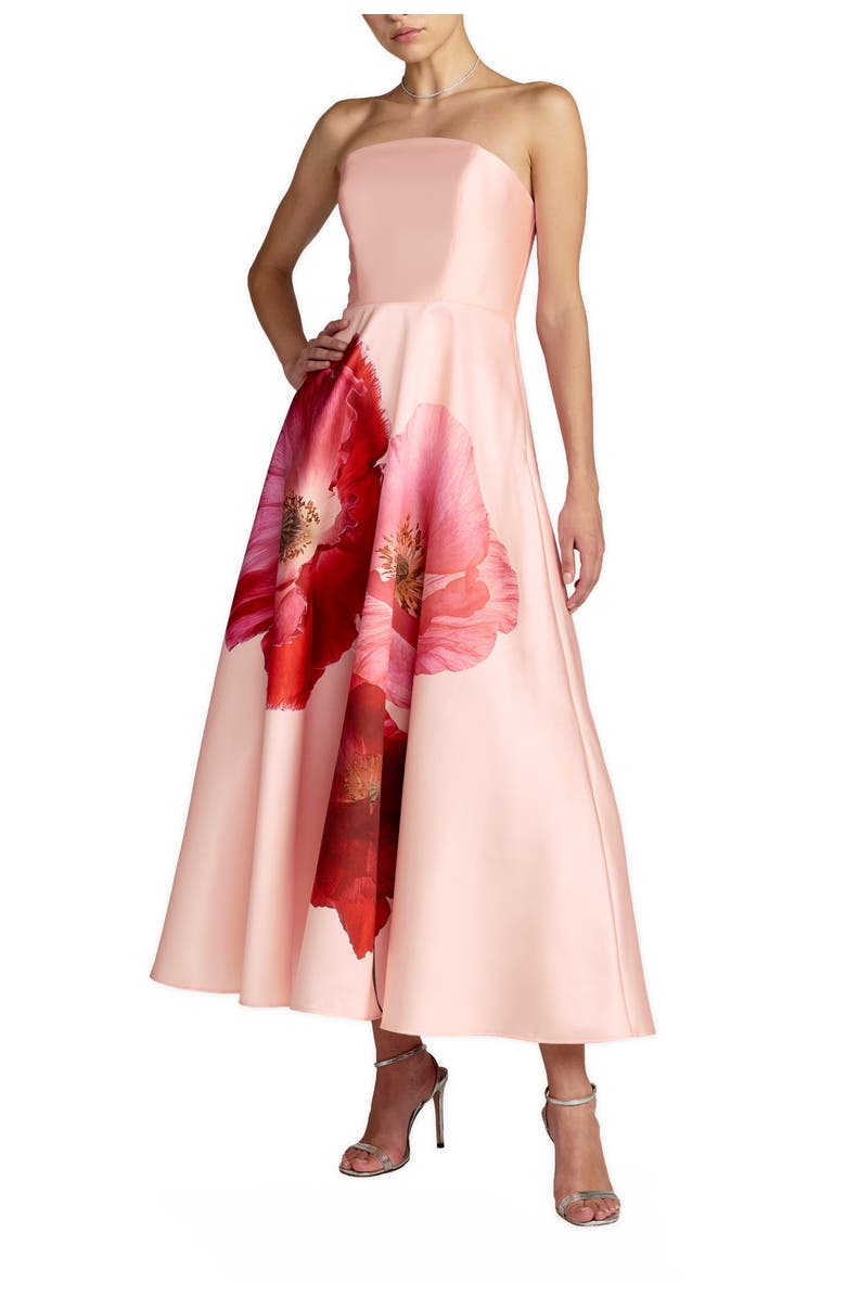 Mac Duggal Strapless A Line Midi Dress With Flower Print, Main, color, Blush Multi