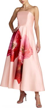 Mac Duggal Strapless A Line Midi Dress With Flower Print