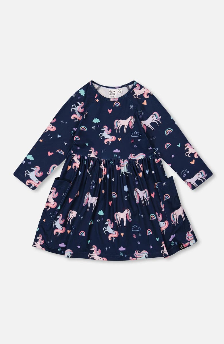 Deux par Deux Jersey Dress with Pockets Unicorn, Main, color, Navy