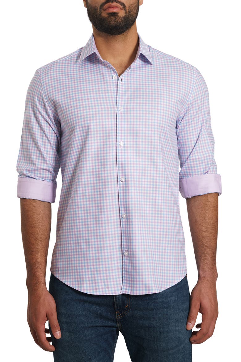 Trim Fit Gingham Pima Cotton Button-Up Shirt, Main, color, WHITE LILAC