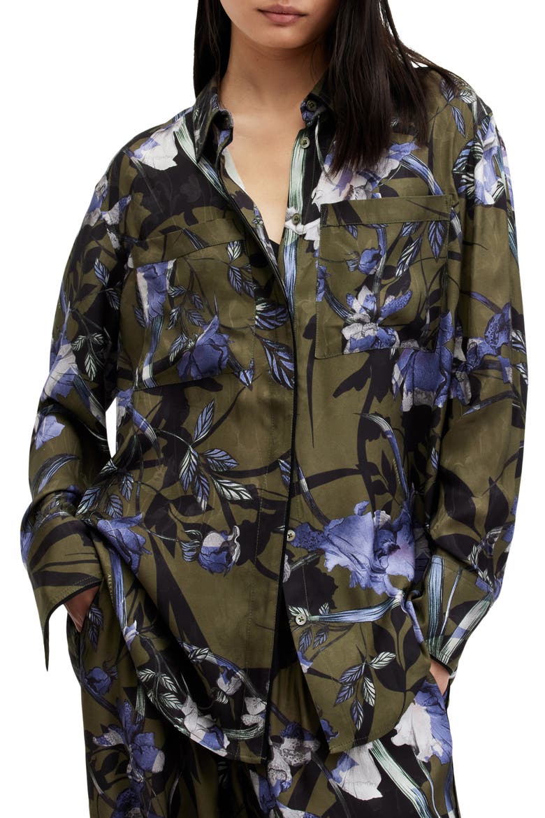 Eve Batu Floral Button-Up Shirt, Main, color, DEEP KHAKI GREEN