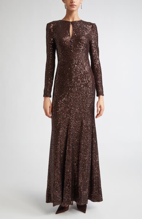 Long Sleeve Sequin Stretch Knit Gown