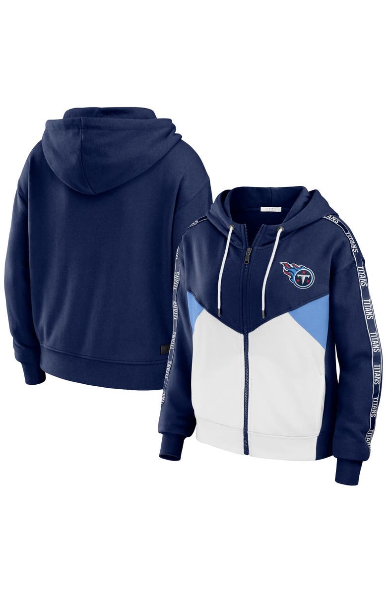 WEAR by Erin Andrews Women's WEAR by Erin Andrews Navy/White Tennessee Titans Color Block Light Weight Modest Crop Full-Zip Hoodie, Main, color, Navy