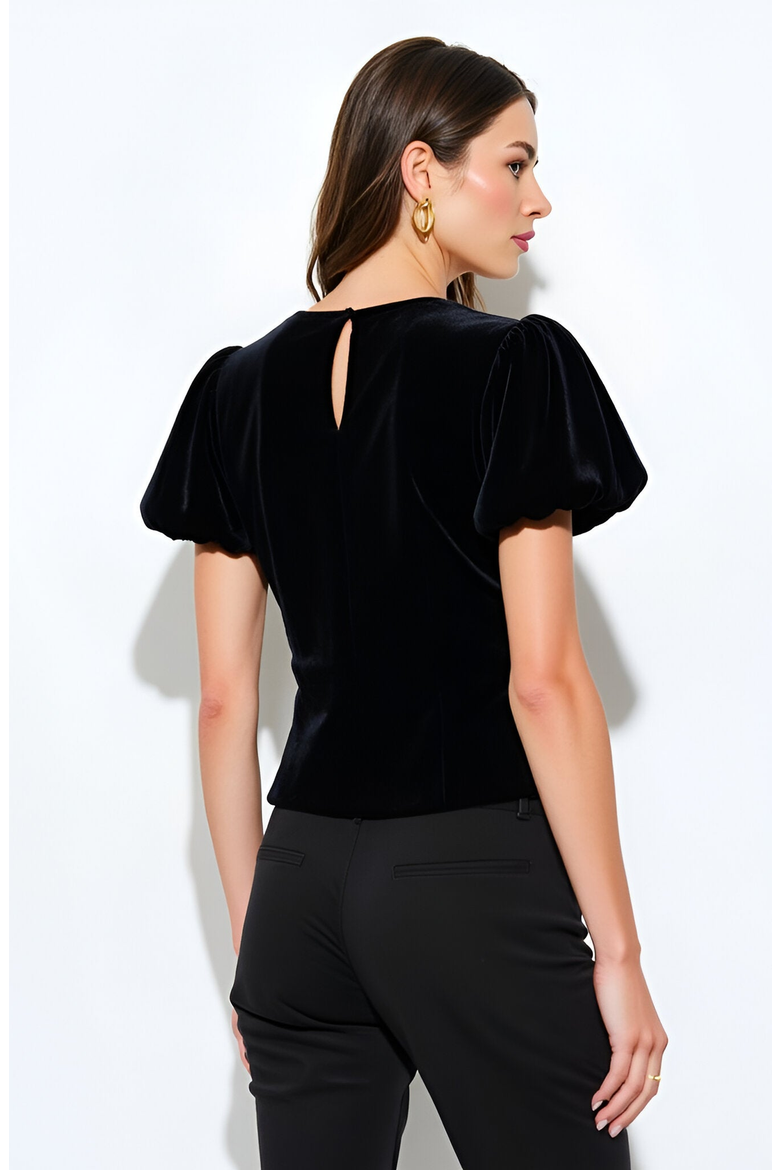 Velvet Puff Sleeve Top with Front Keyhole Cutouts and Rhinestone Bow Details, Alternate, color, Black