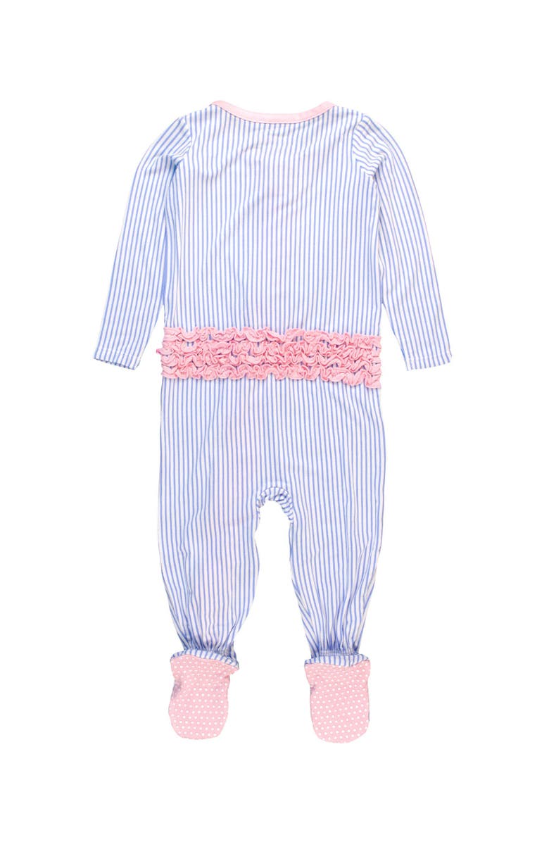 RuffleButts SoftSnooze Baby Girls Ruffle One Piece Footie Pajamas, Alternate, color, Periwinkle & White Stripe